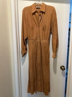 Vintage Ellen Tracy Button-Front Long Suede Shirt Dress in Cognac Size 8 Western